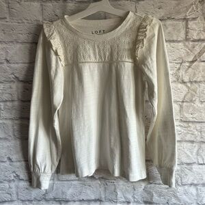 PREOWNED LOFT RUFFLE SHOULDER LACE WHITE LONG SLEEVE TOP XS PETITE